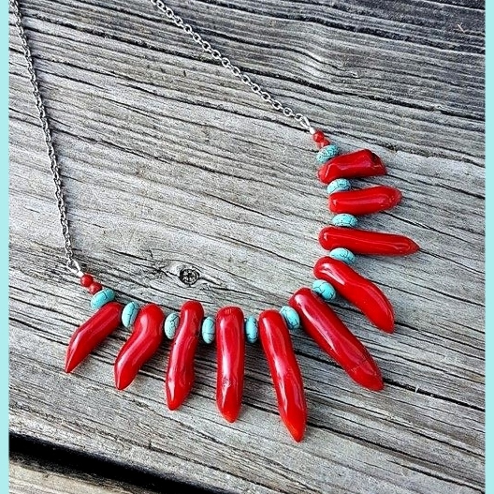 Tribal Red Bamboo Coral Spikes Turquoise Necklace